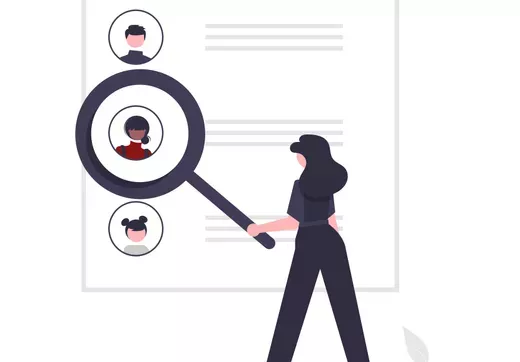 Person with magnifying glass looking at profiles